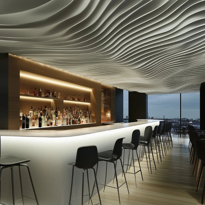Modern bar with wavy ceiling design and city view